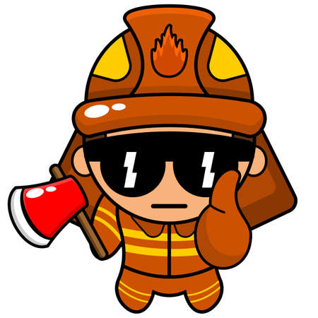 cartoon illustration of a cool firefighter mascot character with an ax with glasses and thumbのイラスト素材