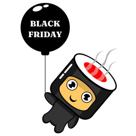 vector cartoon mascot character sushi roll, Black Friday sale balloon, perfect for advertising or promotionのイラスト素材