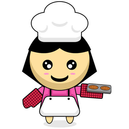 chef girl cooking cake character cartoon illustrationのイラスト素材
