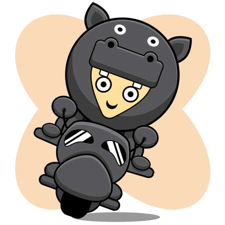 hippopotamus costume cartoon character design illustration riding a motorcycleのイラスト素材