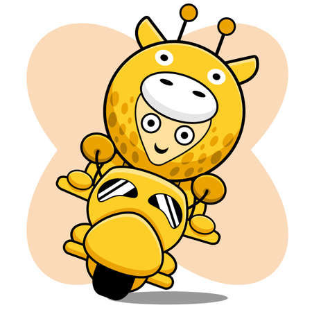 giraffe costume cartoon character design illustration riding a motorcycleのイラスト素材