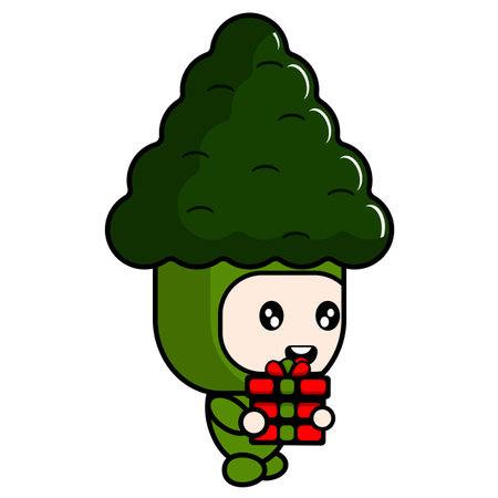 vector cartoon character mascot costume vegetable broccoli holding a gift boxのイラスト素材