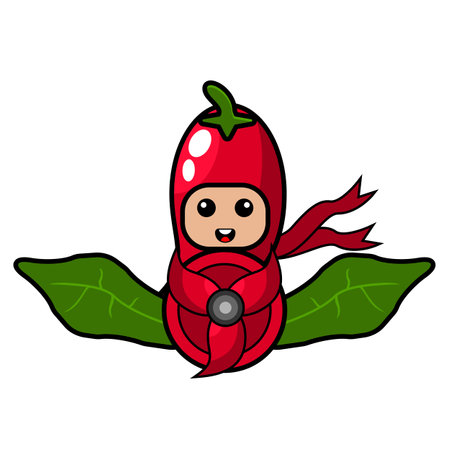 vector cartoon character of red chili mascot costume riding a plane with leaf wingsのイラスト素材