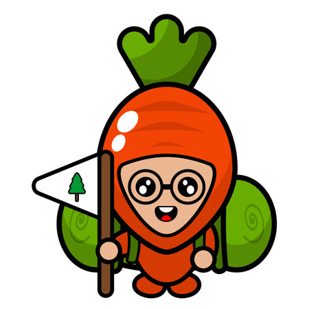 cartoon vector cute carrot mascot character carrying a camping bag and holding a flagのイラスト素材