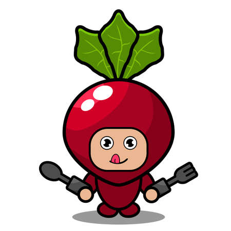 cute radish vegetable mascot costume cartoon character vector holding spoon and fork to eatのイラスト素材