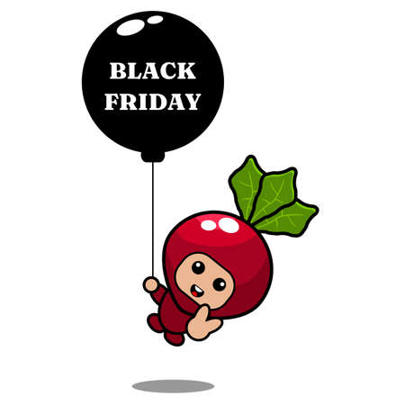vector cartoon character cute radish vegetable mascot costume holding black friday balloonのイラスト素材