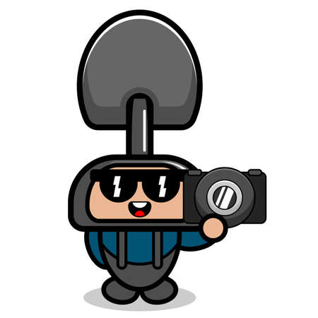 Vector cartoon character doodle costume cute farmer shovel mascot holding cameraのイラスト素材
