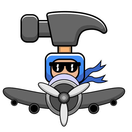 vector cartoon character doodle mascot costume funny hammer tool riding a planeのイラスト素材
