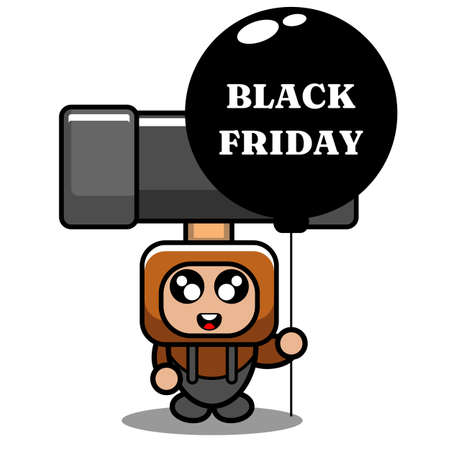 vector cartoon cute doodle mallet mascot costume character holding black friday balloonのイラスト素材