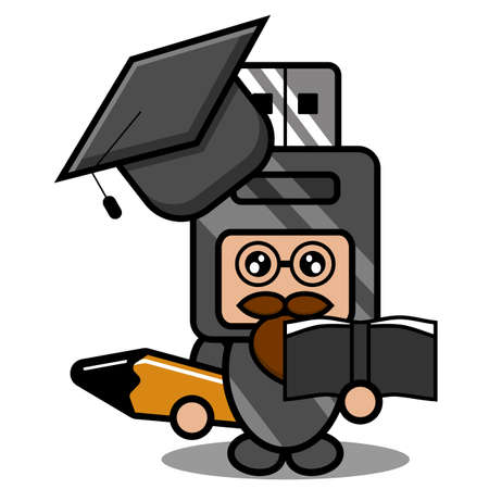 doodle vector cartoon cute flash drive mascot costume character wearing graduation cap holding pencil and bookのイラスト素材