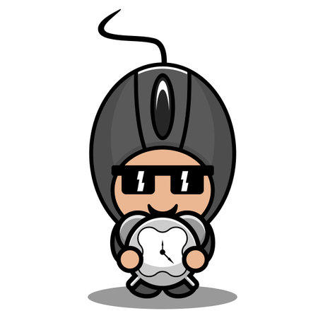doodle vector cartoon character cute computer mouse mascot costume holding clockのイラスト素材