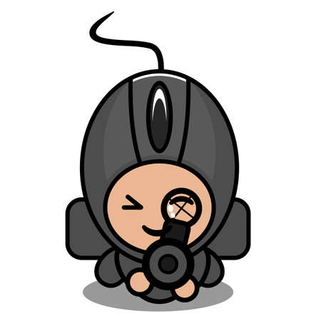 doodle vector cartoon character cute computer mouse mascot costume soldier shooting proneのイラスト素材