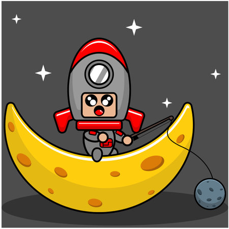 vector cartoon character cute space rocket mascot costume fishing planet on the moonのイラスト素材