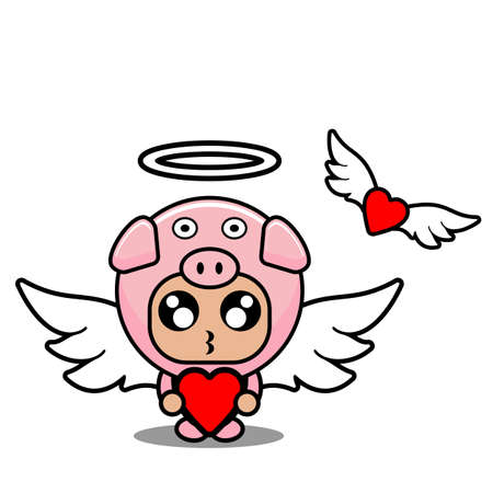 vector cartoon character mascot costume cute animal illustration pig angel loveのイラスト素材