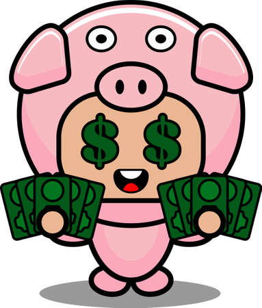 vector cartoon character mascot costume cute animal illustration pig holding green banknoteのイラスト素材