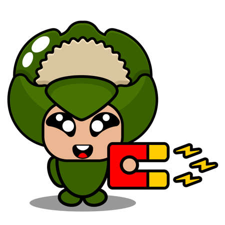 vector cartoon character illustration cute vegetable cauliflower mascot costume holding a magnetのイラスト素材