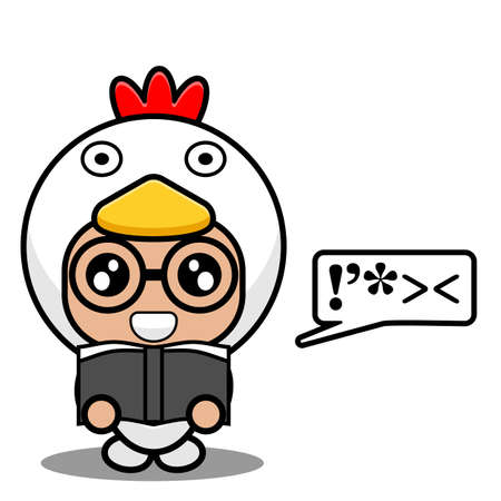 vector illustration of cartoon character cute farm animal mascot costume chicken reading a bookのイラスト素材