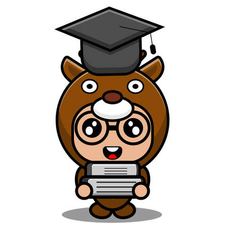 cartoon vector illustration of cute deer animal mascot costume character wearing a graduation hat and holding a bookのイラスト素材