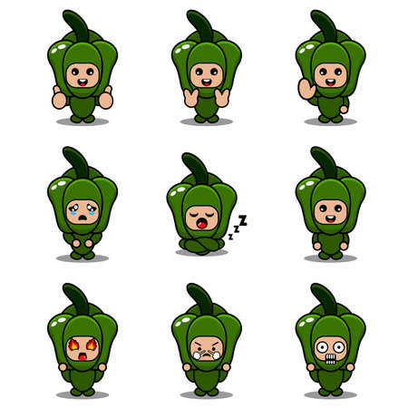 cartoon character illustration green pepper mascot costume vector cute expression setのイラスト素材