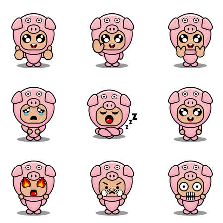 mascot costume expression bundle set pig cartoon character vector illustrationのイラスト素材