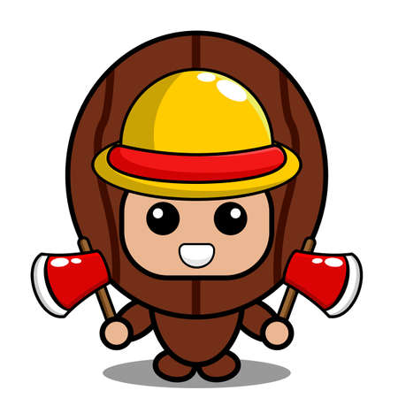 vector cartoon character cute nutmeg spice mascot costume wearing farmer's hat and holding two axesのイラスト素材