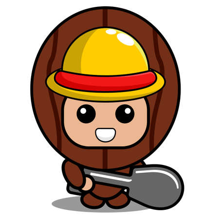 vector cartoon character cute nutmeg spice mascot costume wearing farmer's hat and holding shovelのイラスト素材