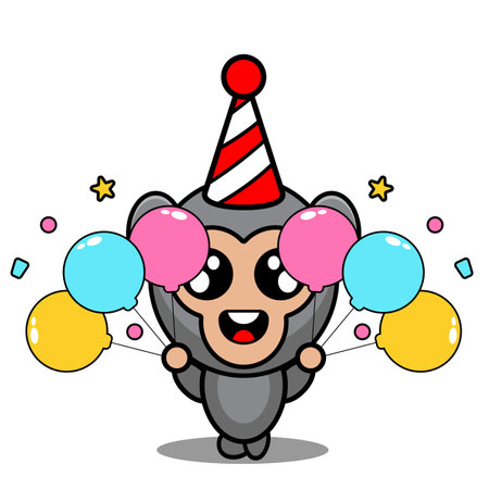gorilla animal mascot costume vector cartoon character birthday party holding balloonのイラスト素材