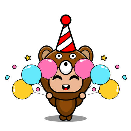 vector cartoon character cute bear animal mascot costume holding birthday balloonsのイラスト素材