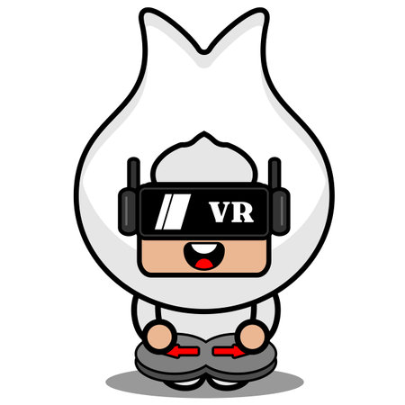 vector cartoon character cute gum tooth mascot costume playing virtual reality gameのイラスト素材