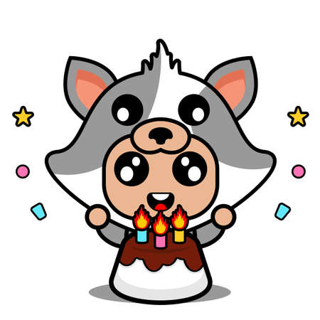 vector cartoon character mascot costume cute pet cat with birthday cakeのイラスト素材