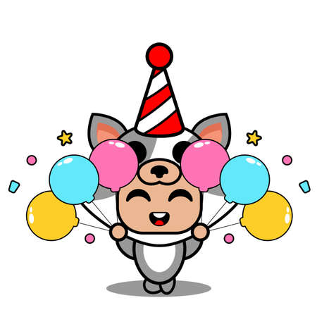 vector cartoon character mascot costume cute pet cat holding birthday balloonのイラスト素材