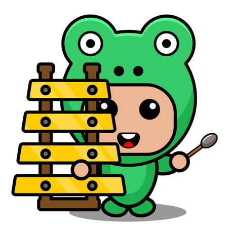 Vector cartoon character Mascot Costume amphibious animal cute frog holding xylophone musical instrumentのイラスト素材