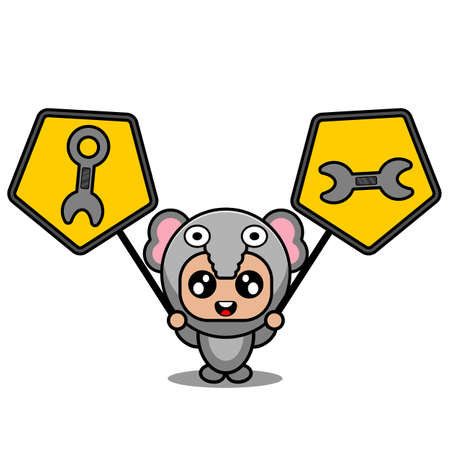 vector cartoon character cute elephant animal mascot costume holding mechanical tool signのイラスト素材