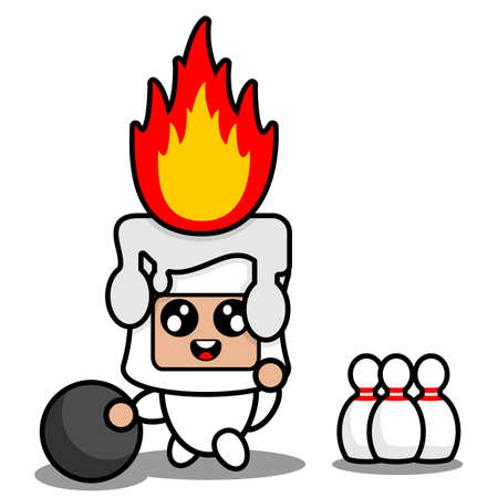 cartoon vector illustration of cute fiery white wax mascot costume character playing bowlingのイラスト素材