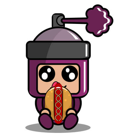 vector cartoon character cute purple pilox spray mascot costume sitting eating hot dogのイラスト素材