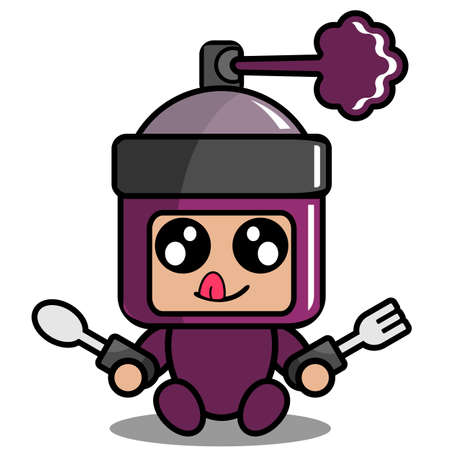 vector cartoon character cute purple pilox spray mascot costume sitting holding spoon and forkのイラスト素材