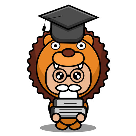 Graduation cute lion animal mascot costume character vector illustration holding a bookのイラスト素材