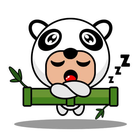 vector illustration of cute panda animal mascot costume cartoon character sleeping on bambooのイラスト素材