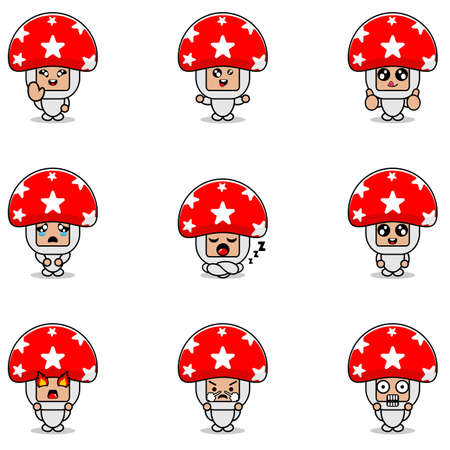 vector illustration of cartoon character mascot costume set mushroom vegetable expression bundleのイラスト素材