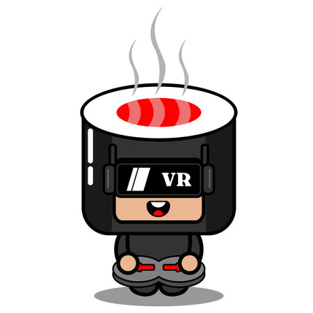 vector cartoon character cute sushi roll food mascot costume playing virtual reality gameのイラスト素材