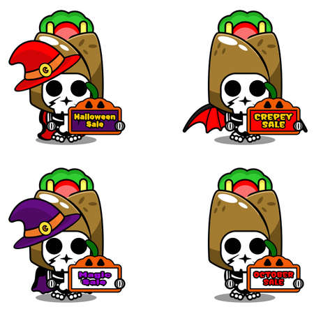 Vector cartoon character mascot costume bone kebab food holding sale halloween boardのイラスト素材