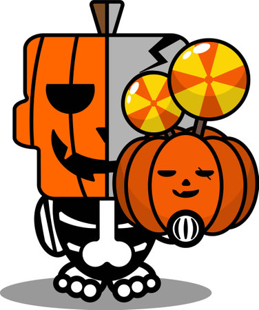 vector cartoon cute mascot skull character voodoo doll pumpkin holding candyのイラスト素材