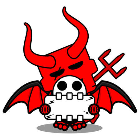 vector cartoon cute skull red devil mascot character holding bone boardのイラスト素材