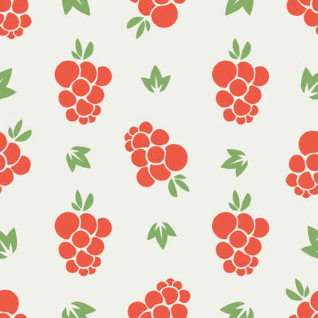 Seamless vector pattern of red berries. Simple raspberries with green leaves in light backgroundのイラスト素材