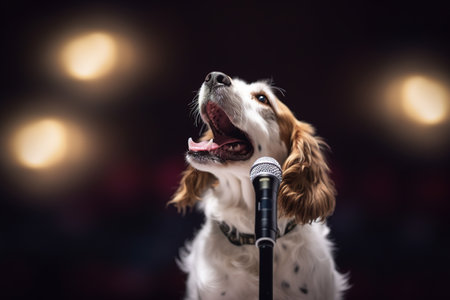 A singing dog with a microphone in front of it. By Generative AIの素材