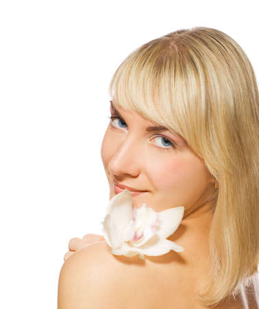 Beautiful blond girl orchid flower isolated on white backgroundの写真素材
