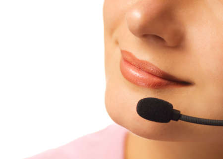 Beautiful hotline operator with headset isolated on white background