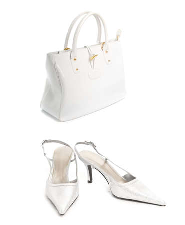 Kit of two items, sexy shoes with high heel and elegant white leather handbagの写真素材