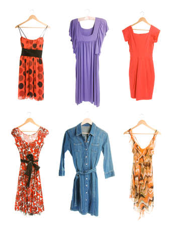 Collection of six differend dresses isolated on white background