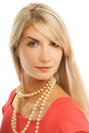 Pretty young woman close-up portrait. Isolated on white backgroundの写真素材